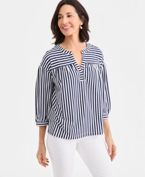 Petite 3/4-Puff-Sleeve Knit Top - Navy Stripe