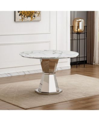 47" Round Marble Dining Table, High Gloss Faux Marble Top, Stainless Steel Base (White