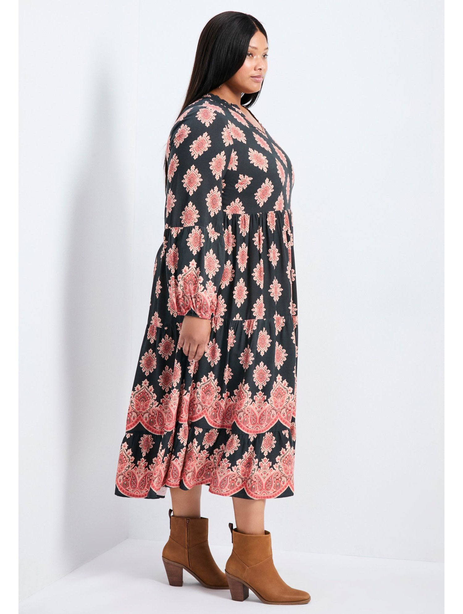 Women's Plus Size Everlasting Bordered Print Blouson Sleeve Dress