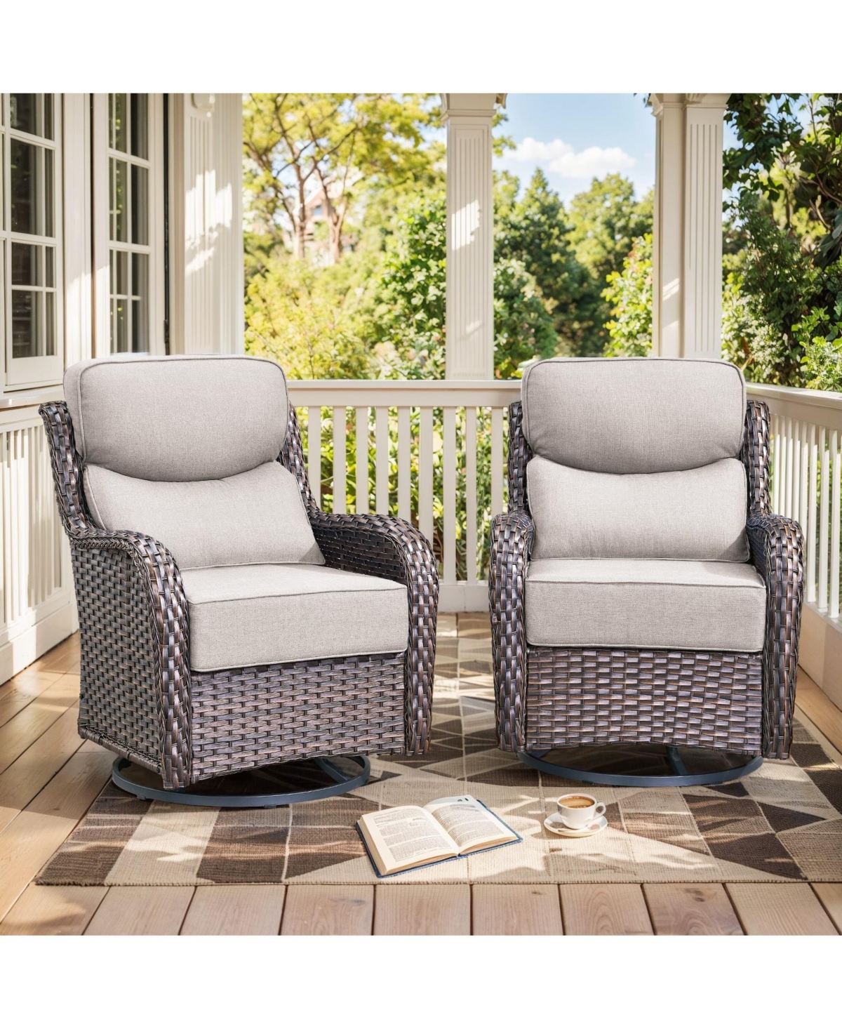 Gymojoy Crescent Swivel Glider All-Weather Pe Wicker Patio Conversation Set with Olefin 6 In. Thick Cushions/Coffee Table (4-Piece