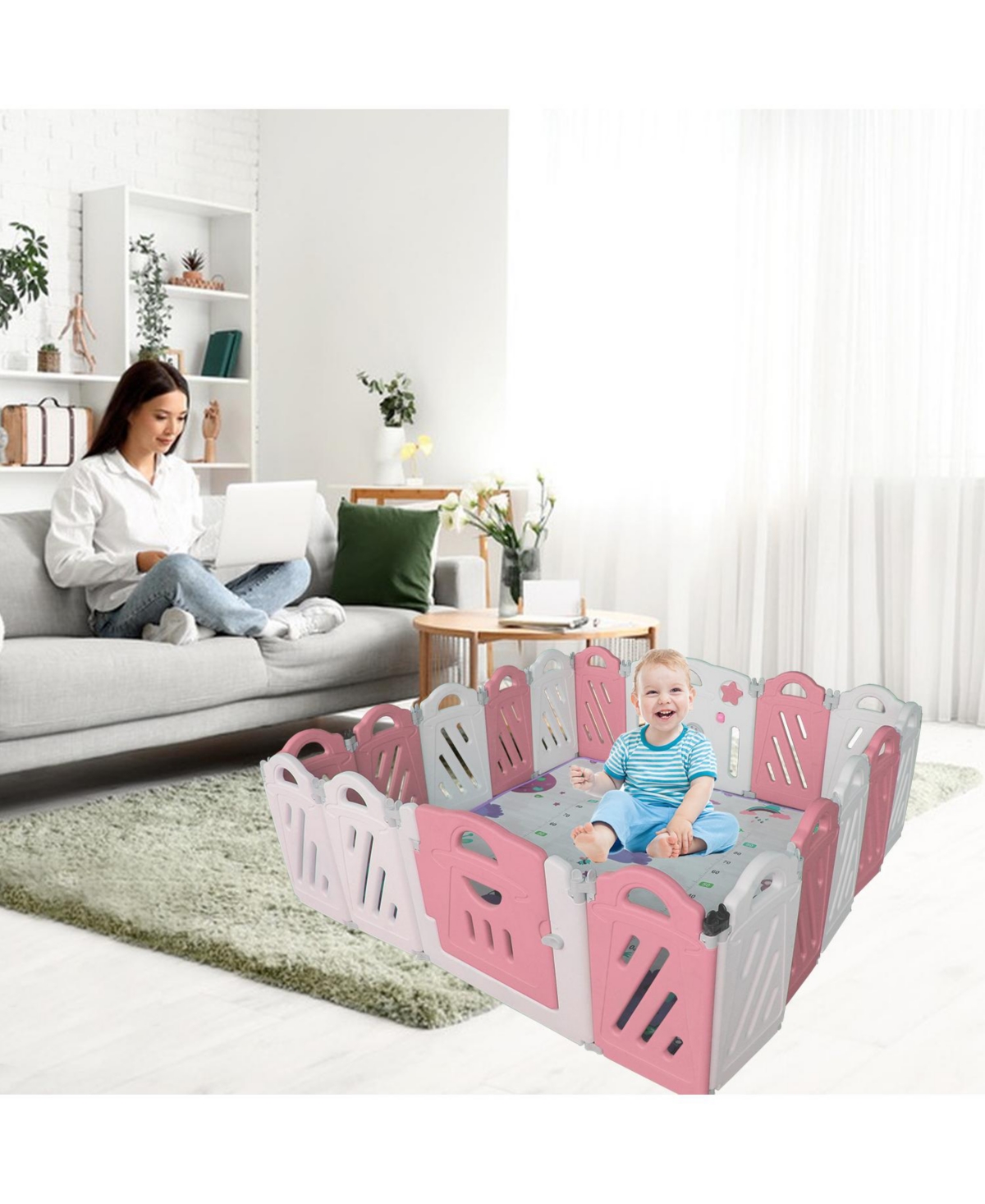 Streamdale Furniture 16-Panel Foldable Baby Playpen with Adjustable Shape and Safety Gate