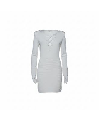 Women's White Textured Knit Lace Up Tie Detail Mini Dress