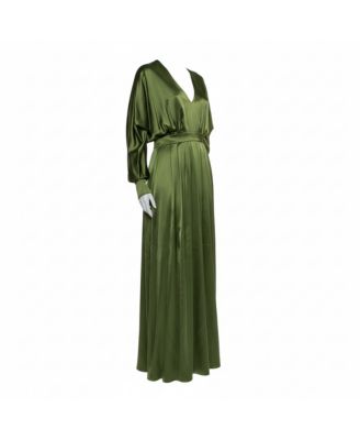 Women's Green Silk Satin Pleated Front Slit Detail Maxi Dress