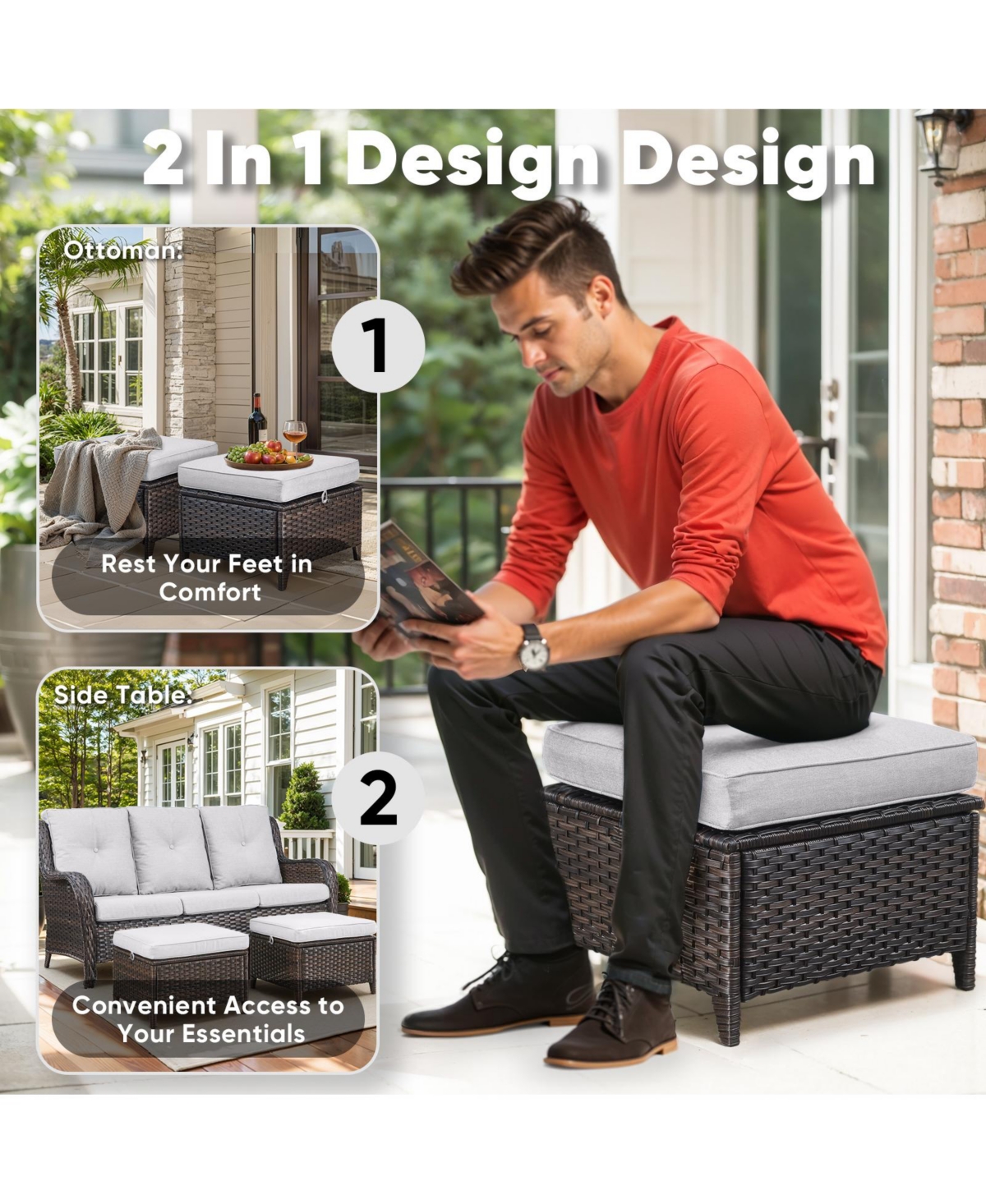 Gymojoy Crescent Swivel Glider All-Weather Pe Wicker Patio Conversation Set with Olefin 6 In. Thick Cushions/Sofa (5-Piece