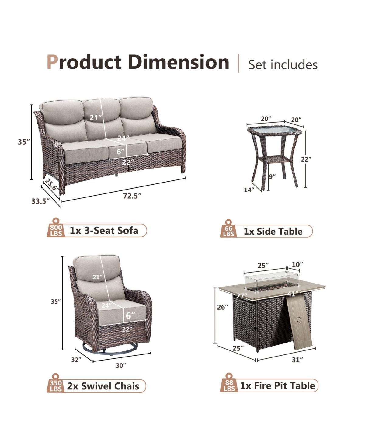 Gymojoy 5-Piece Pe Wicker Fire Pit Conversation Set with Olefin Cushions Patio Swivel Chairs Couch