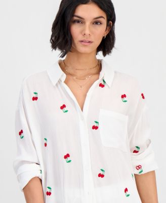 Women's Cherry Embroidered Button-Down Swim Shirt