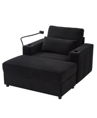 Modern Armchair Chaise Lounge Sofa with Ottoman, USB Ports & Cup Holders - Black