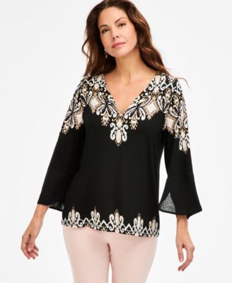 Women's Printed 3/4-Sleeve Chiffon-Cuff Top