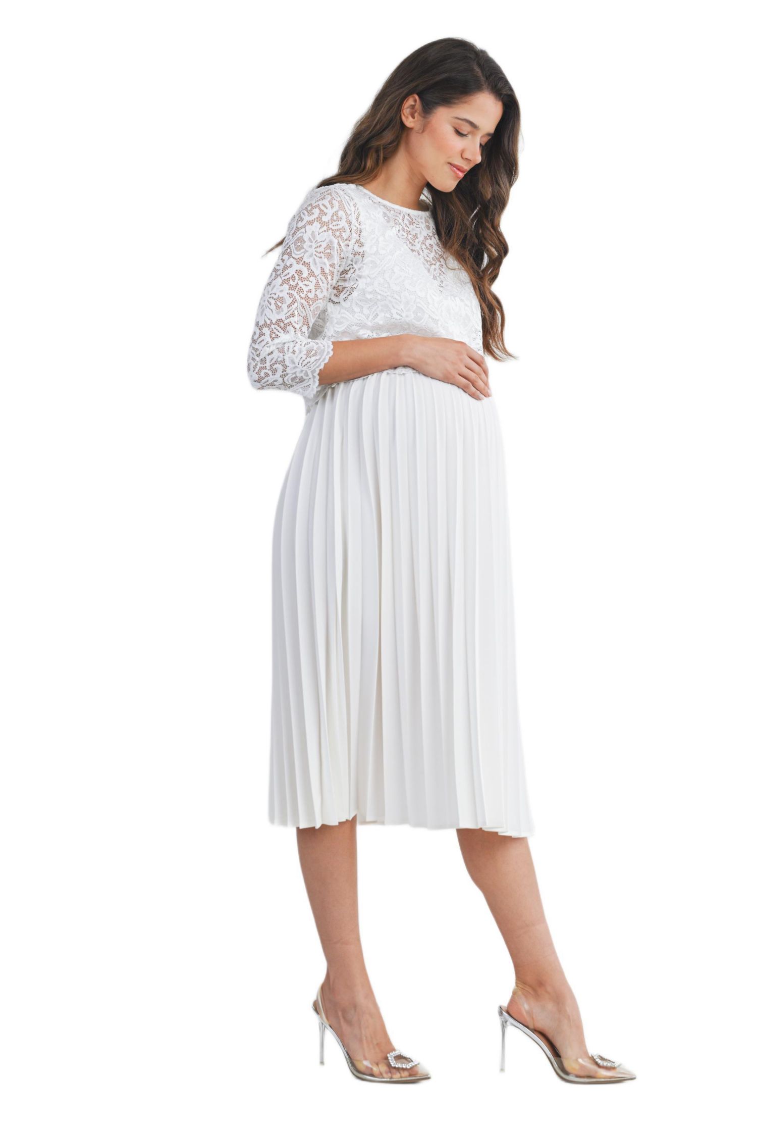 Women's 3/4 Sleeve Lace Bodice Pleated Nursing Dress
