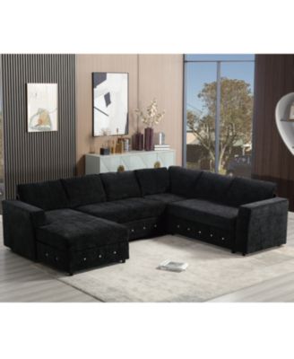 Sectional Sofa with Chaise, Modern U-Shaped Couch in Black Chenille