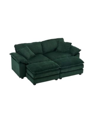 Corduroy 2-Seat Sofa with Pillows & Ottomans - Green