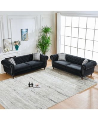 Chesterfield Velvet Sofa Set, Roll Arm, Nailhead Trim, Modern Couch