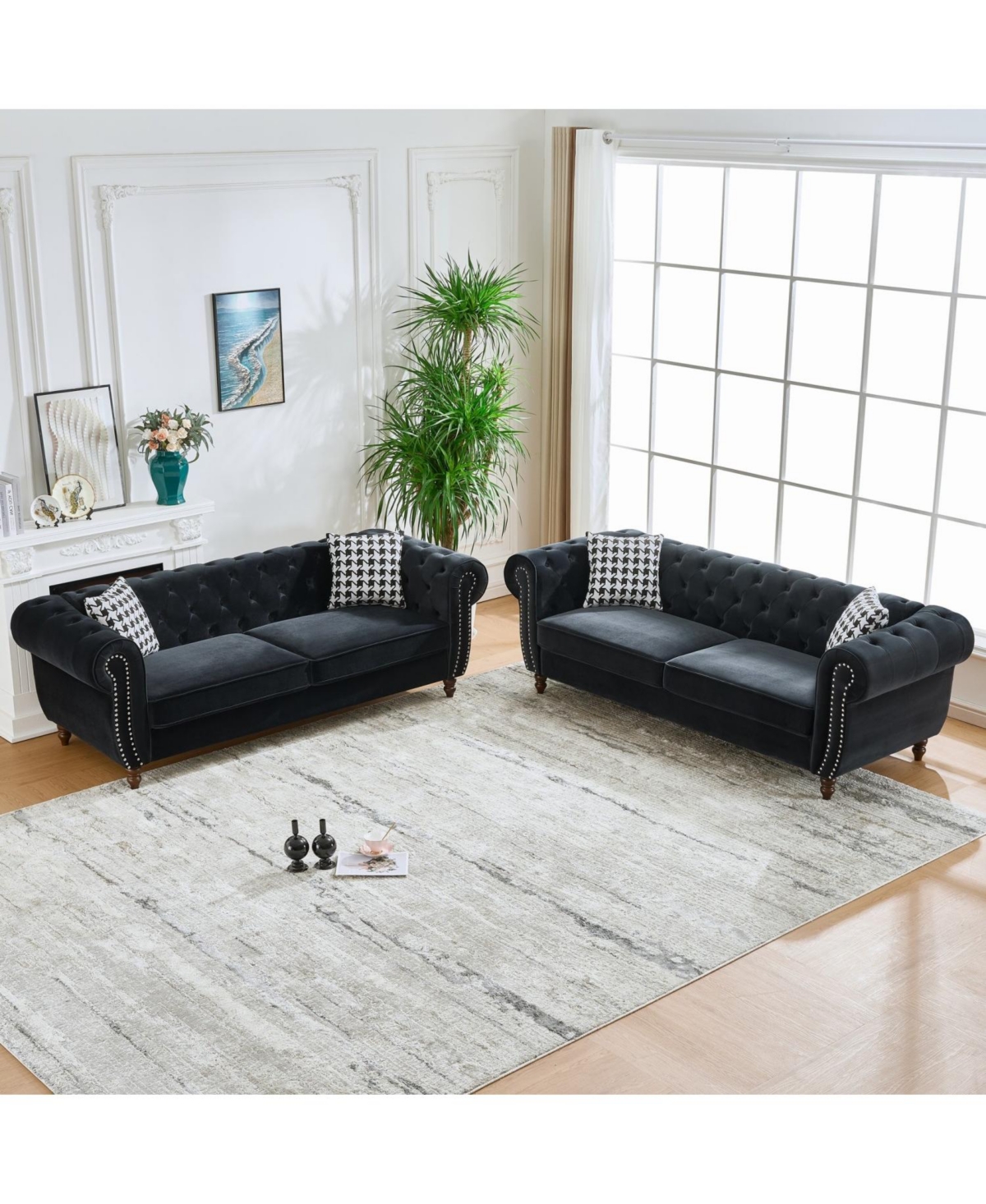 Streamdale Furniture Chesterfield Velvet Sofa Set, Roll Arm, Nailhead Trim, Modern Couch