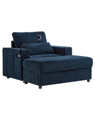 Modern Armchair Chaise Lounge Sofa w/ Ottoman, USB Ports, Cup & Phone Holders - Blue