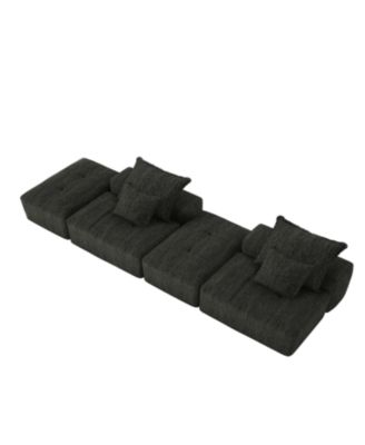 Modern Chenille Sectional Sofa w/ 2 Ottomans & Pillows - BLACK