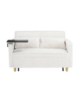  Beige Corduroy Pull-Out Sofa w/ Movable Tabletop & USB