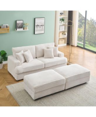 White Corduroy Sofa w/ Storage Legs & Pillows