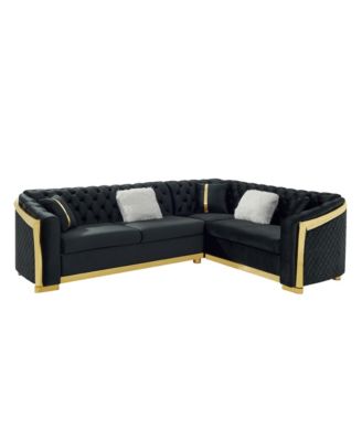 L-Shaped Chesterfield Sectional Sofa, Velvet, Gold Accents, Black