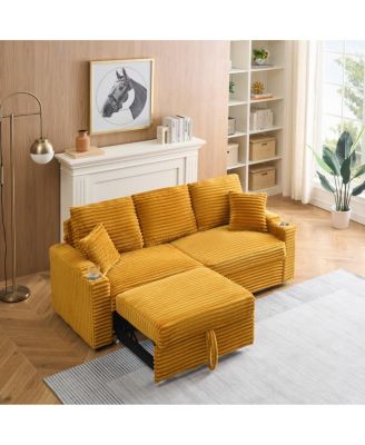 80" Pull-Out Corduroy Sleeper Sofa Bed with Cup Holders & Pillows for Living Room or Apartment