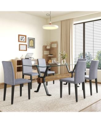 79" Glass Table & 6 Gray Linen Chairs