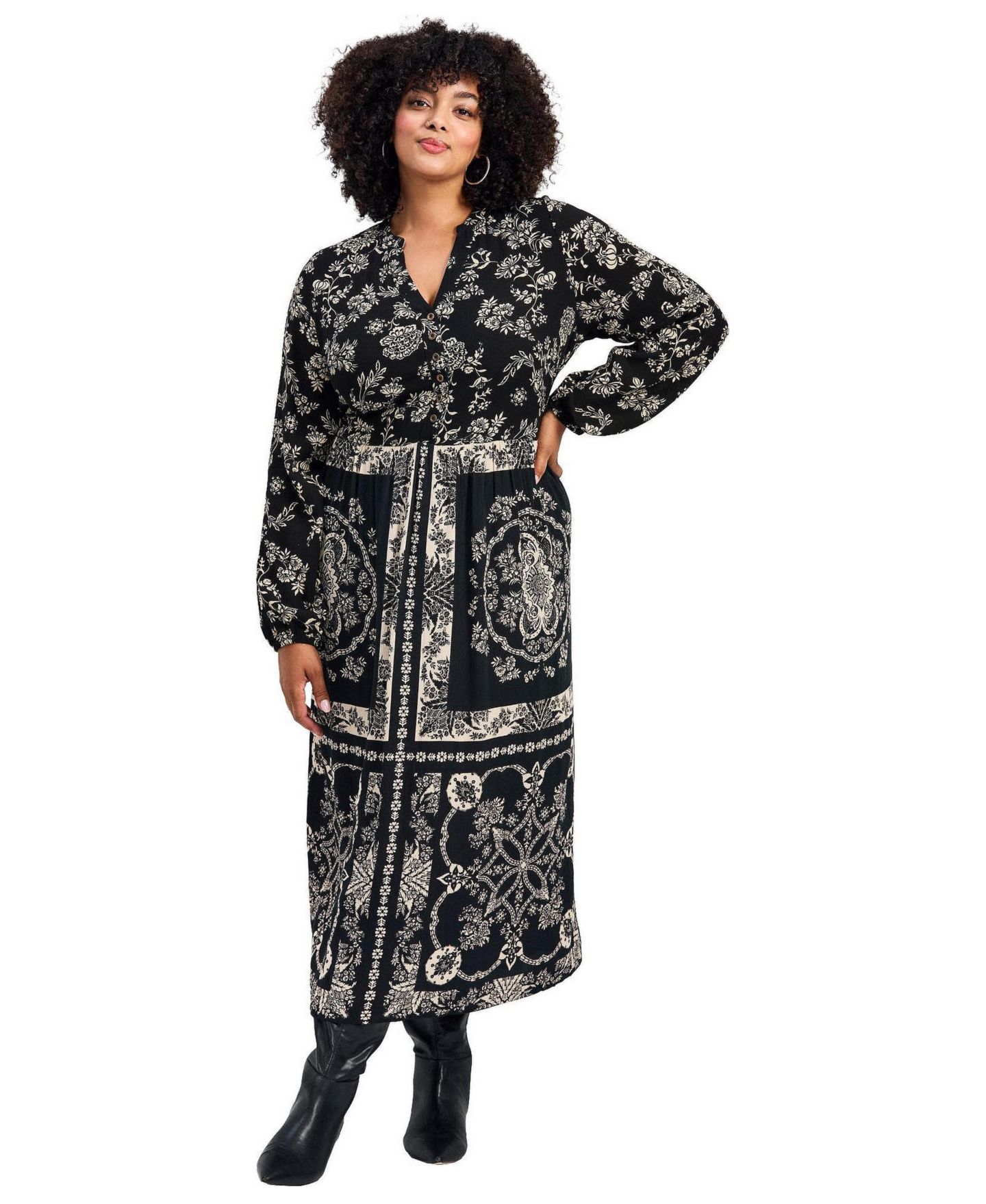 Женское платье Avenue Plus Size Eliana Scarf Placement Print, цвет: Чёрный — фото 1