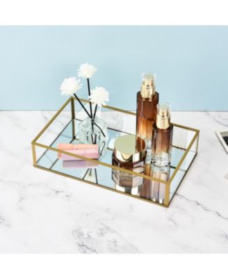 Handcrafted Glass Tray, Decorative Storage Tray for Makeup, Jewelry, Desk, or Bathroom, Clear with Gold