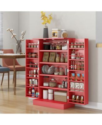 Kitchen Pantry Storage Cabinet w/ 5-tier Shelving, 12 Spice Racks