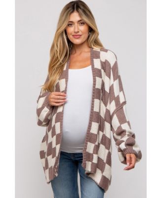 Maternity Taupe Checkered Print Oversized Cardigan