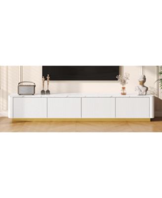 Luxury Fluted TV Stand - Faux Marble Top, 4 Drawers, Gold Base, White