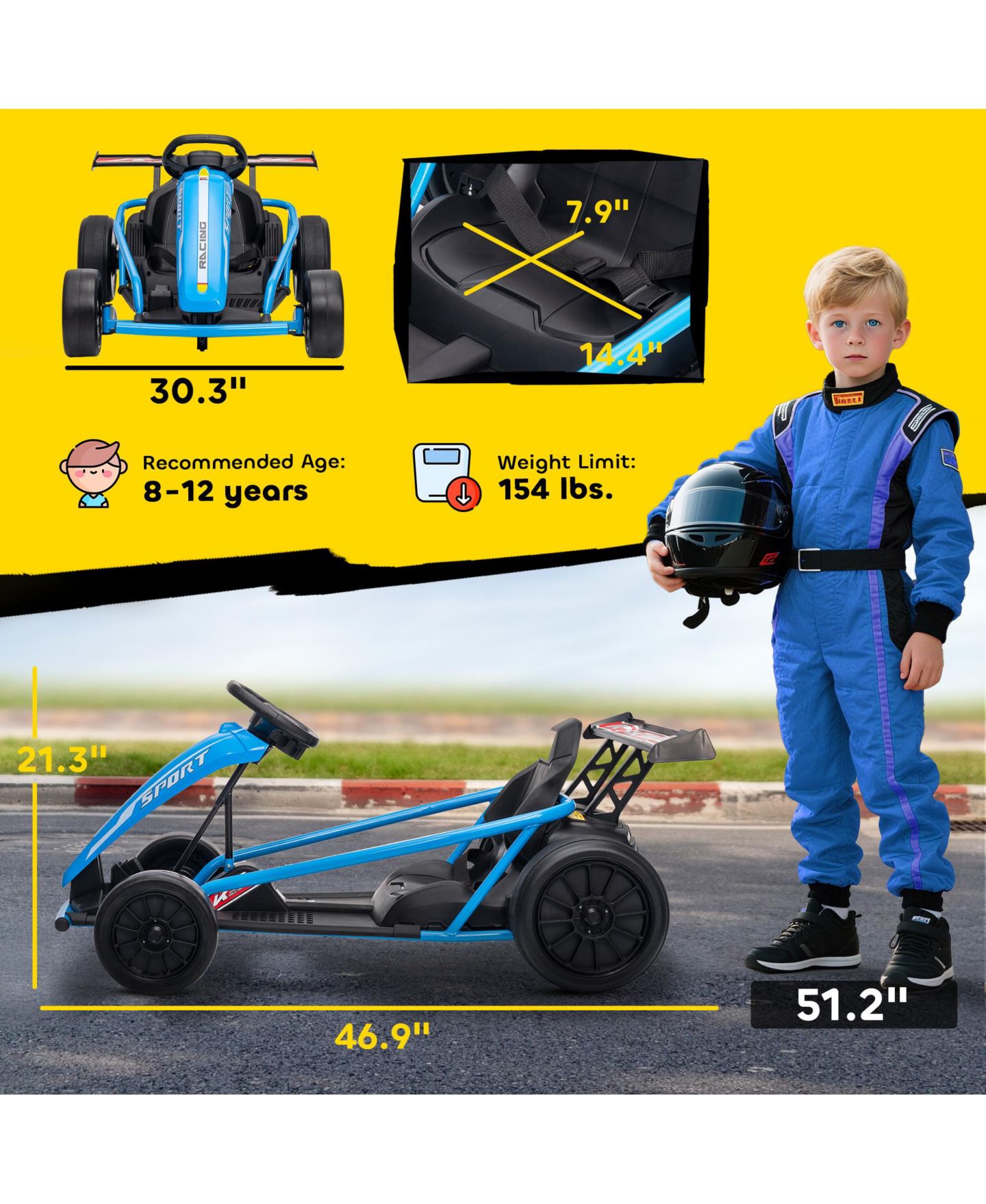 Детская игрушка Qaba 24V 8.1 Mph PP/Metal Dual-Motor Drift Electric Go-Kart, Supports Up to 154 Lbs., от 8 лет, цвет: Синий — фото 3