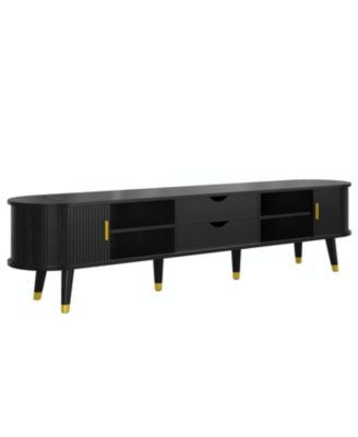 Wooden Oval TV Stand with Charging Station, Mid-Century Media Console, Black