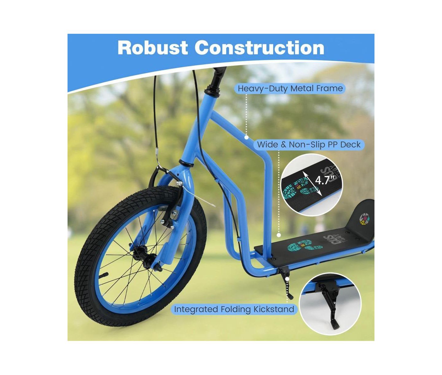Детская игрушка HONGGE Youth Kick Scooter with Adjustable Handlebar and Inflatable Tires, 110 lbs Capacity, Ages 8+, цвет: Синий — фото 10