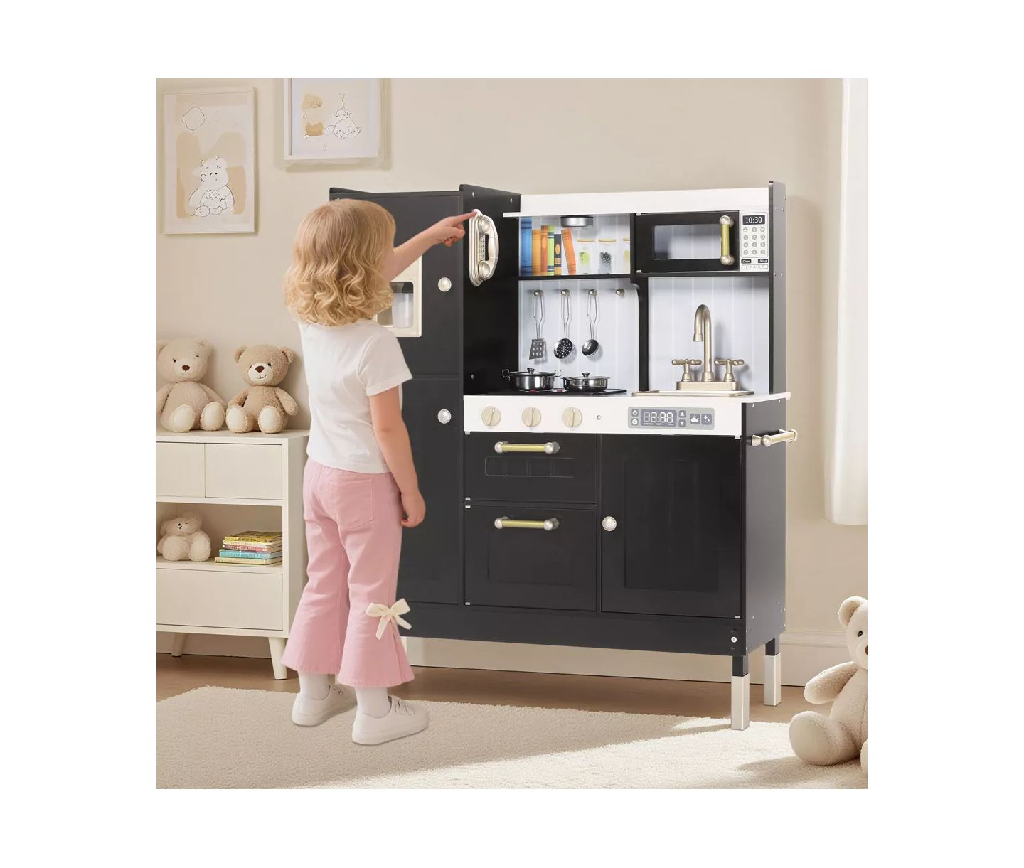 Детский игровой набор Kinder King Interactive Lights and Sounds Wooden Kitchen Playset, Ages 3+, цвет: Чёрный — фото 9