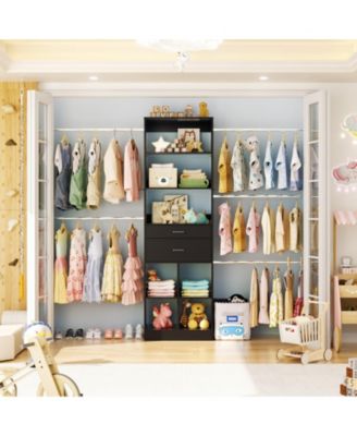 4-8 FT Walk-in Adjustable Closet Organizer System with 2 Drawers and 5 Rods, Fits 60-96'' Closets