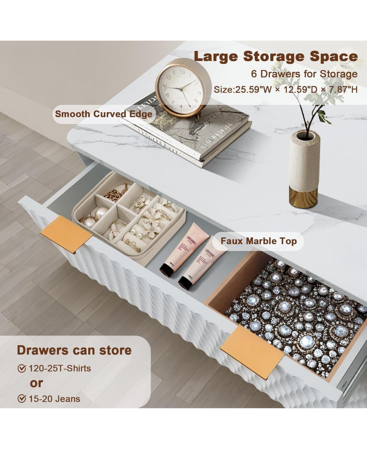 gaomon 54" Rustic Drip-Pattern 6-Drawer Dresser with Faux Marble Top, Wide Farmhouse Storage Chest for Nursery, Bedroom, Living Room, Hallway