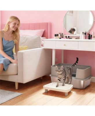 Sleek Gray Stainless Steel Litter Box with High Sides & Scoop – Elevate Your Home with Refined Odor Control