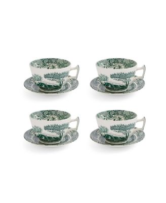 Heritage Green Italian Teacup and Saucers, Set of 4