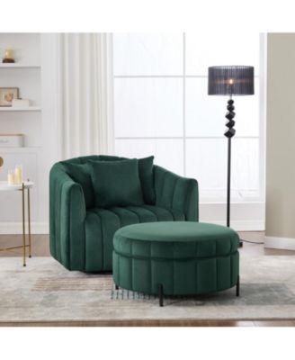 Swivel Velvet Barrel Chair & Ottoman with Pillows - GREEN