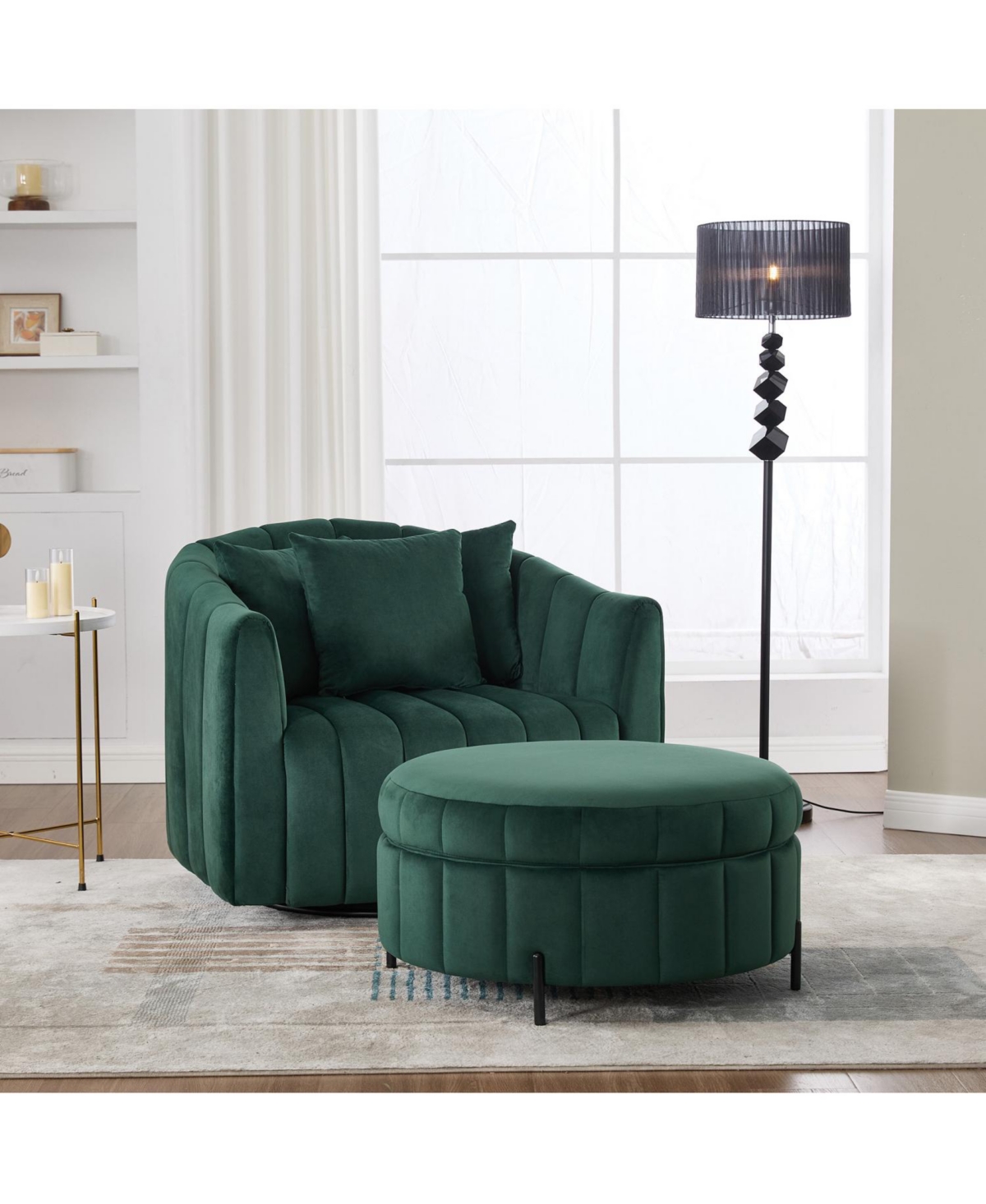 Streamdale Furniture Swivel Velvet Barrel Chair & Ottoman with Pillows - Green