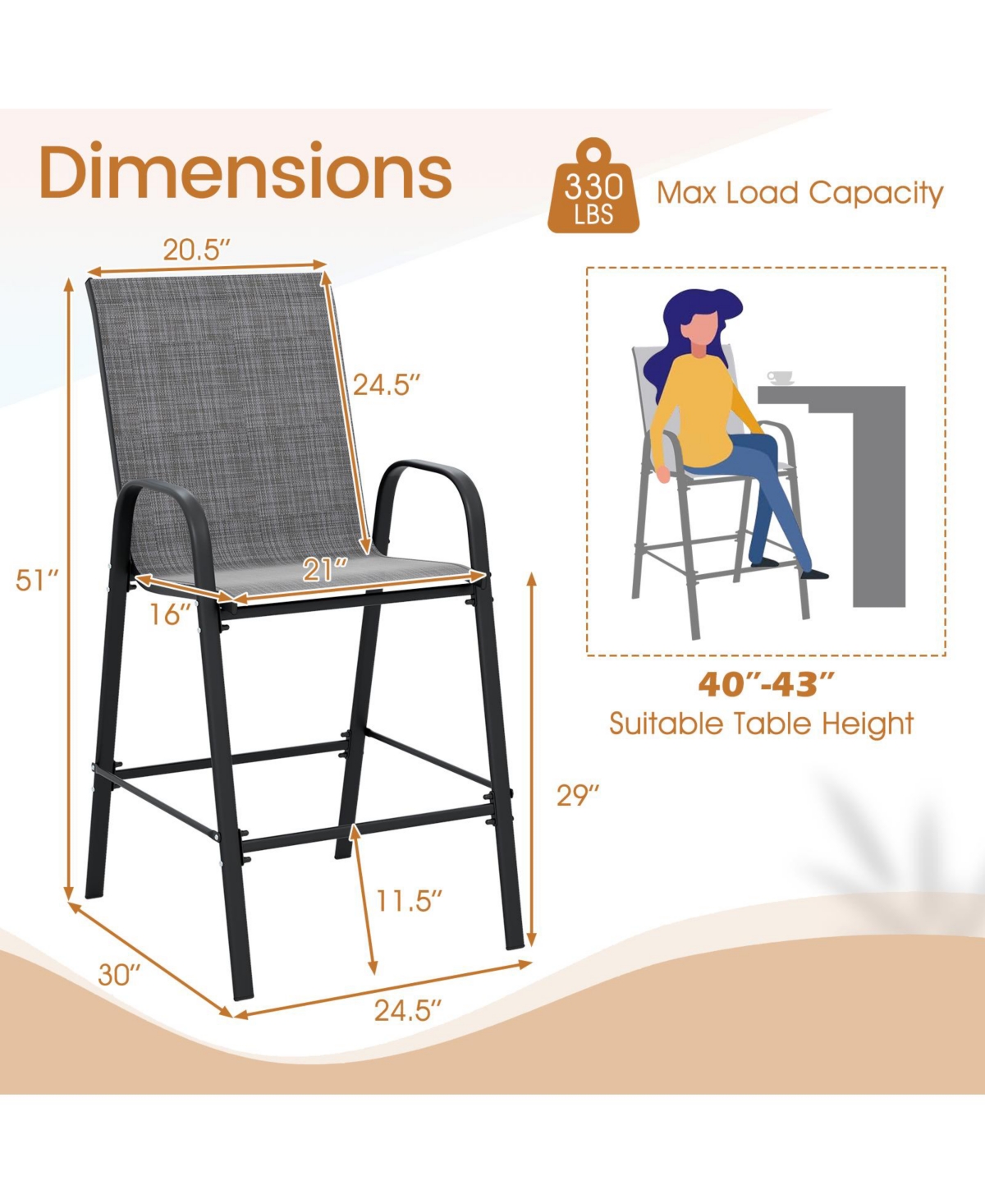 Gymax 4PCS Outdoor Bar Stools 29'' Fabric Height w/ Armrests & Footrest