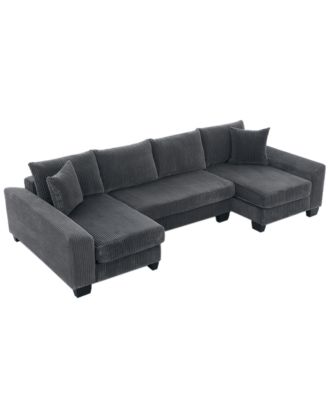 114" U-Shaped Corduroy Upholstery Pull-Out Sleeper Bed, Oversized Convertible Sectional, Chaise Lounges, Pillows & Cushions Sofa Bed