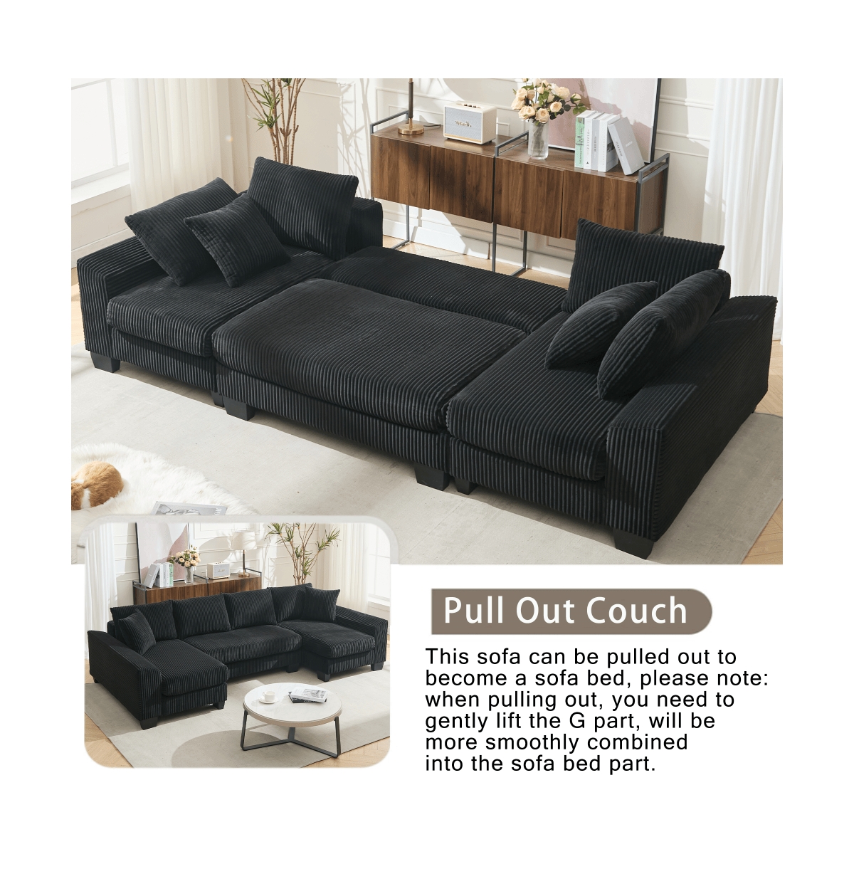 Maison Boucle 114" U-Shaped Corduroy Upholstery Pull-Out Sleeper Bed, Oversized Convertible Sectional, Chaise Lounges, Pillows & Cushions Sofa Bed