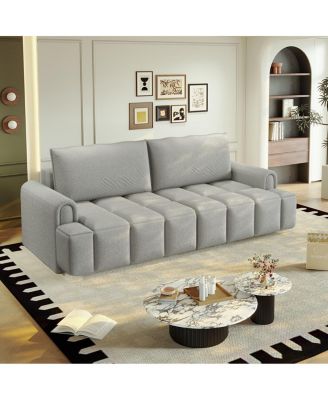 Modern 4-Seat Teddy Fabric Sleeper Sofa with Storage, 90" Pull-Out Couch Bed, King Size Convertible for Living Room