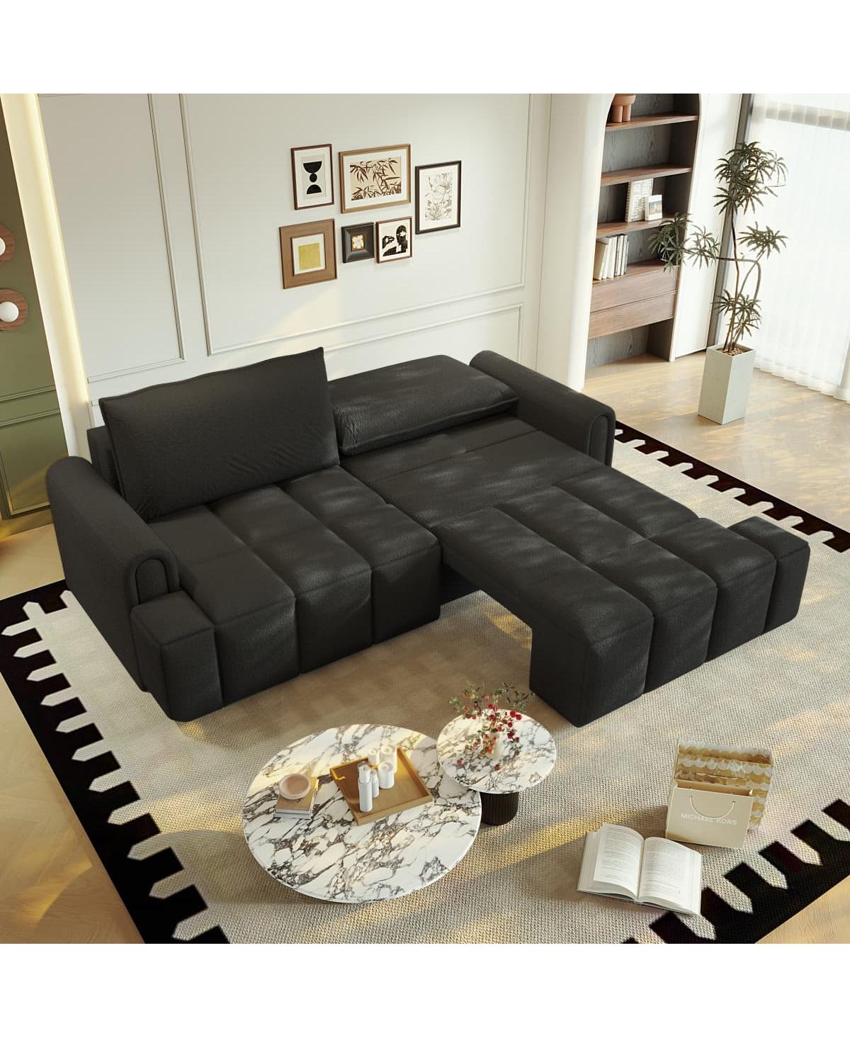 Maison Boucle Modern 4-Seat Teddy Fabric Sleeper Sofa with Storage, 90" Pull-Out Couch Bed, King Convertible for Living Room