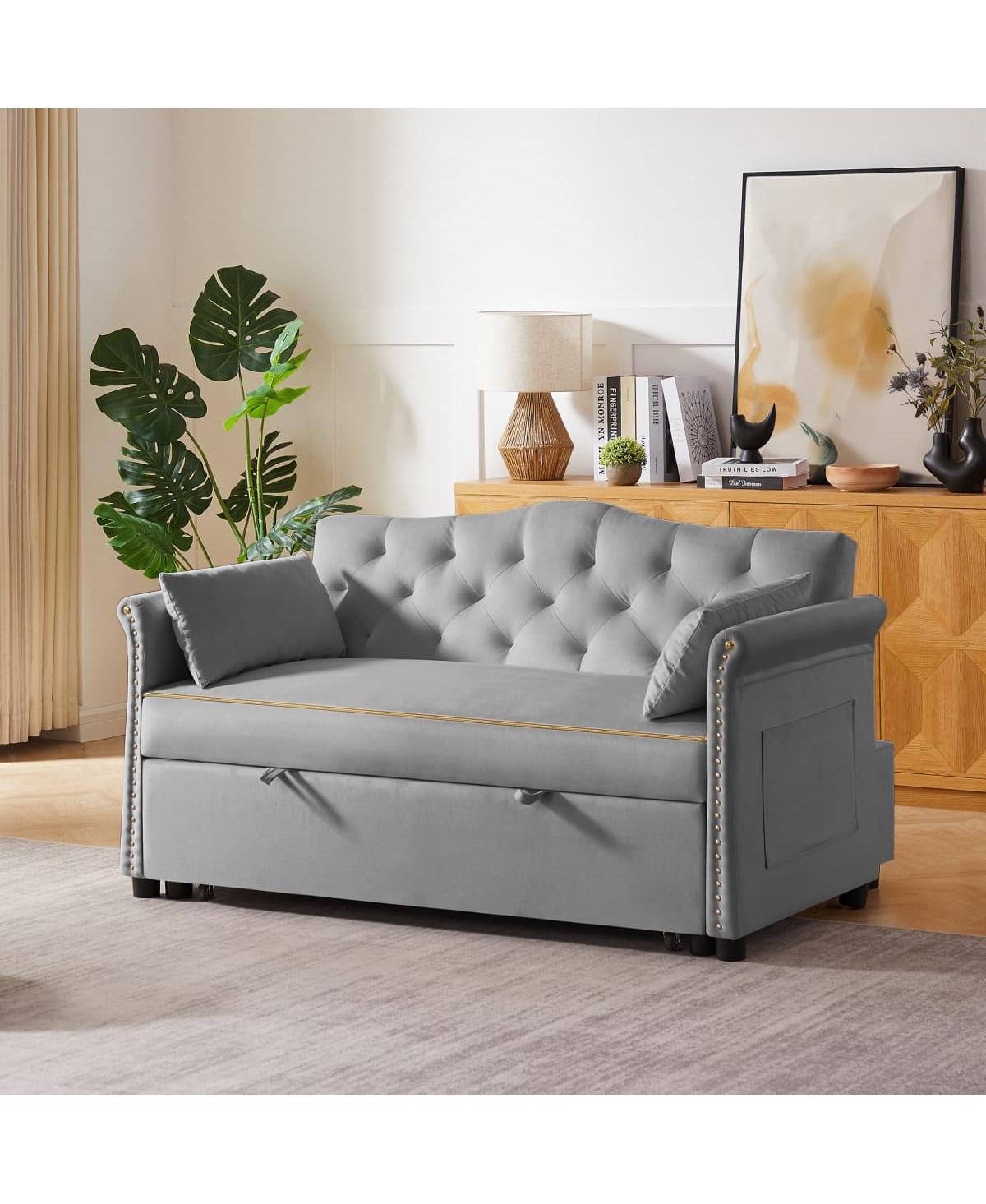 Maison Boucle Velvet Pull Out Sofa Bed with Nailhead Arms, Sleeper Tufted Back for Small Spaces, Guest Room, Living Room