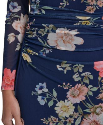 Women's Printed Mesh Long-Sleeve Asymmetrical Hem Bodycon Dress