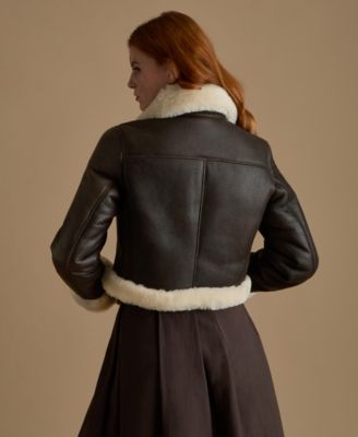 Women's Cropped Aviator Style Shearling Jacket with Contrast Trim
