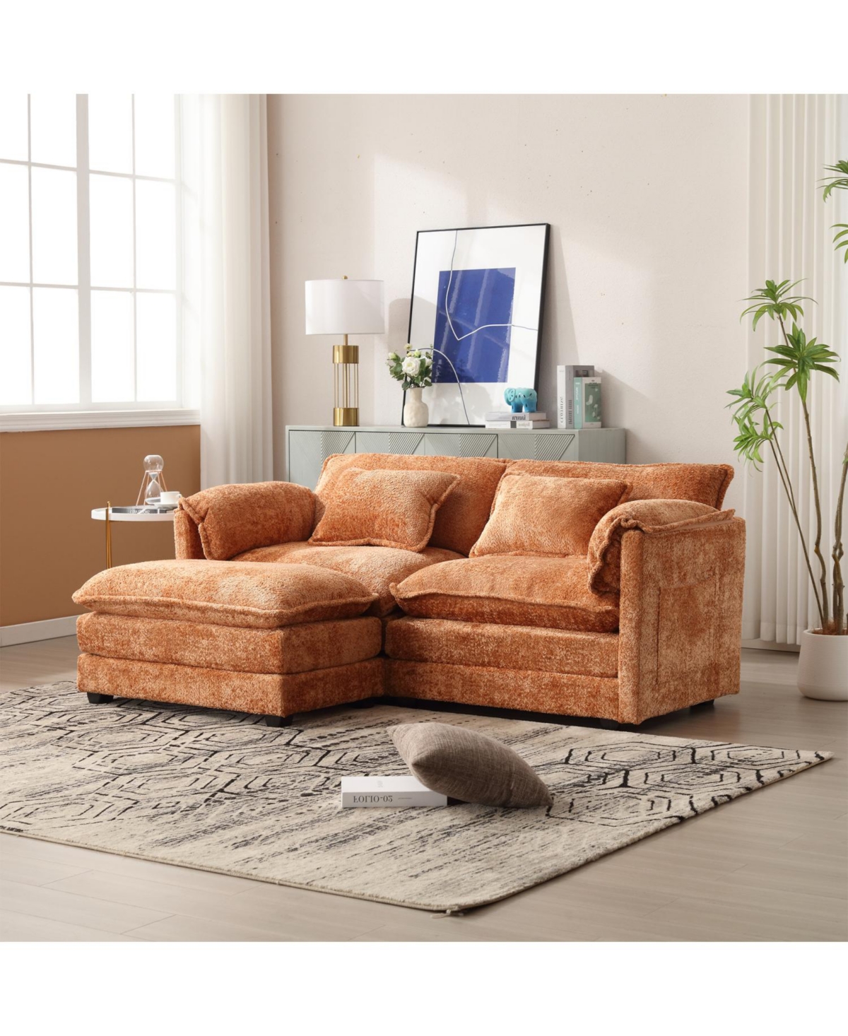 Streamdale Furniture Chenille fabric, removable armrests with side pockets, high density sponge filling, oversized double sofa with footstool