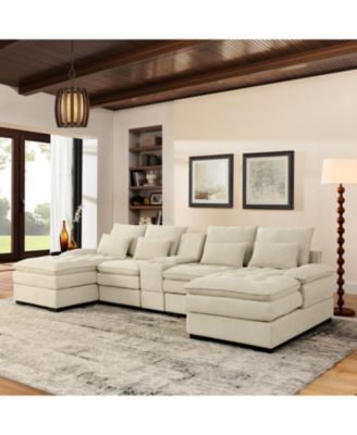 130" U-Shaped Sofa with Console Cupholders Sleeper & Chaise (Beige)