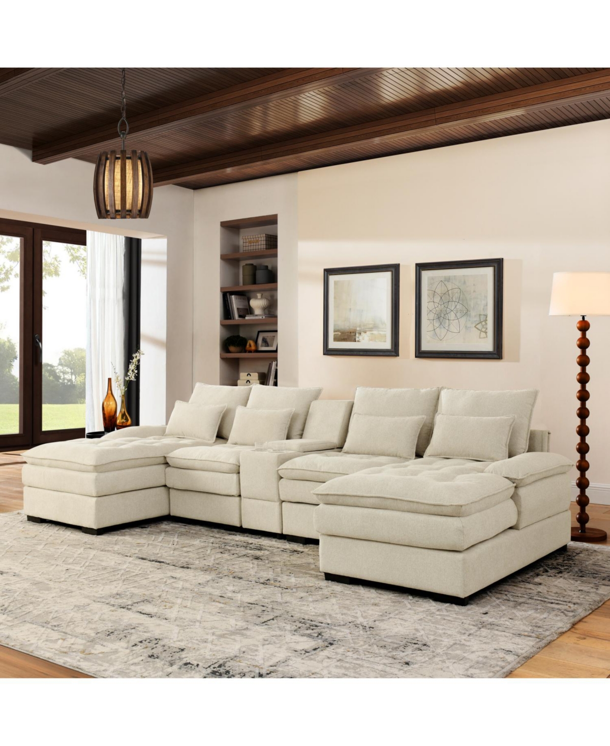 Streamdale Furniture 130" U-Shaped Sofa with Console Cupholders Sleeper & Chaise (Beige)